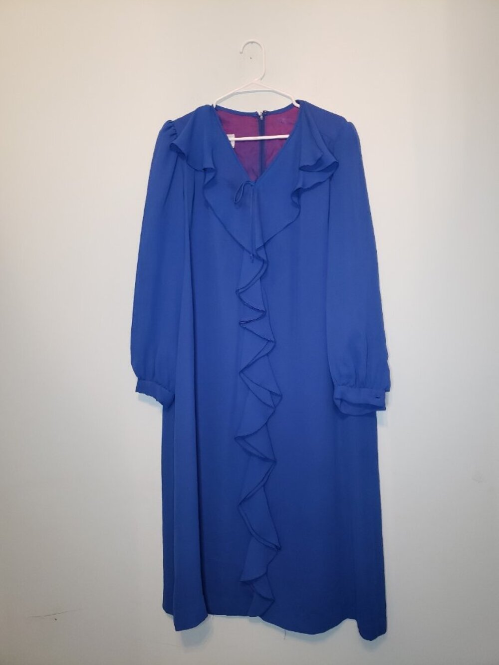 VTG Kohler Neiman Marcus Womens Sz 18 Midi Dress Blue Ruffle Front Long Sleeve